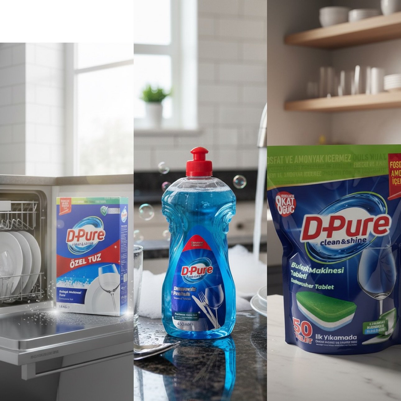 منتجات ديبور للعناية بالأطباق وغسالة الصحون (D-Pure Clean & Shine): ملح، سائل غسيل، وأقراص مخصصة لتنظيف الأطباق بكفاءة عالية وحماية غسالة الصحون من الترسبات
